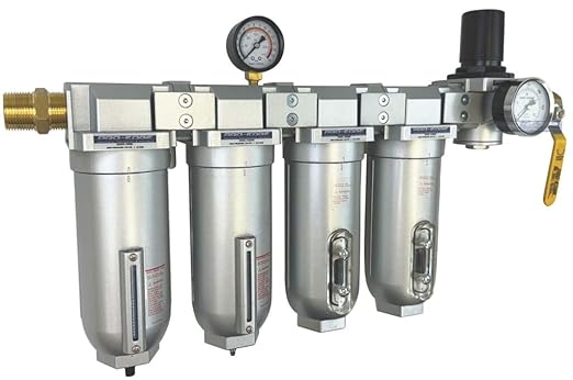 3/4" NPT Industrial (5-Stage) Moisture Removing Particulate Filter and Oil Removing Coalescing Filter and Two Desiccant Air Dryers and Air Pressure Regulator