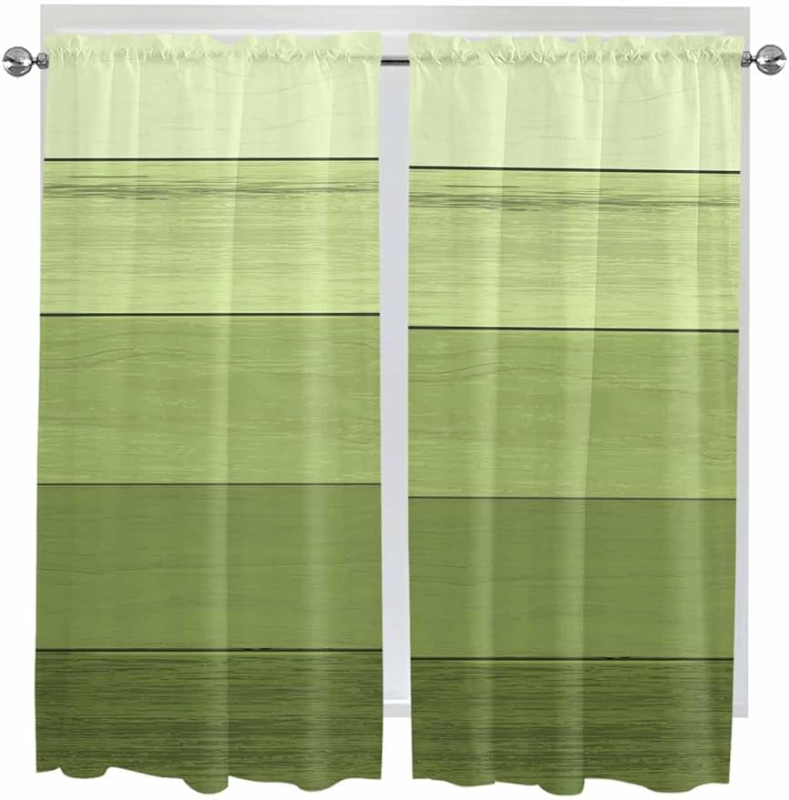 Gradient Green Wooden Board Window Valance Curtains, Retro Country Wood Grain Light Filtering Kitchen Valance with 3-inch Rod Pocket for Living Room Bathroom Bedroom,2 Panel,52x72In