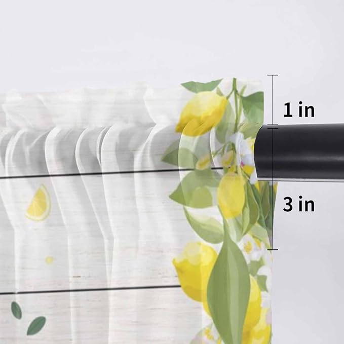 Lemon Dwarfs Sheer Valance Curtains, Gnome Green Leaf Wood Striped Black Plaid Light Filtering Kitchen Valances Rod Pocket Voile Curtain Window Treatment for Bedroom/Living Room/Basement 42Wx18L