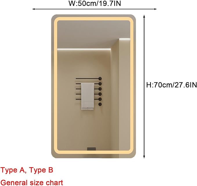 Bathroom Mirror with LED Lights，Bathroom Led Mirror ，Backlit Bathroom Mirror ，LED Mirror for Bathroom，with Touch Sensor/Demister pad，Shatterproof，Adjustable Lights(A,W50*H70cm/W19.7*H27.6IN)