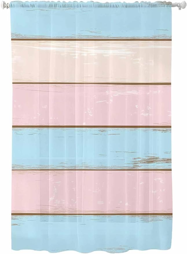 Sheer Curtains 72 Inches Long, Pink Blue Wood Grain Semi Sheer Curtains Light Filtering Window Treatment, Farmhouse Country Shabby Striped Privacy Voile Drapes for Living Room Bedroom 52x72 Inch