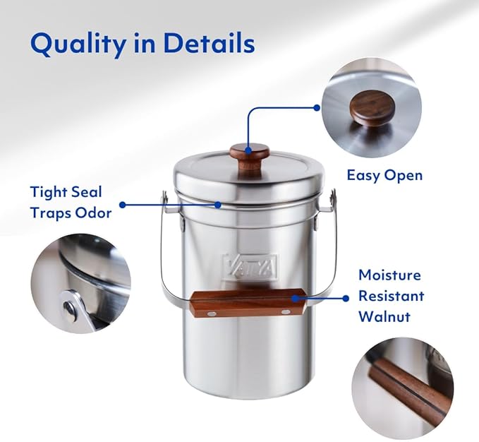 Vatya Stainless Steel Kitchen Compost Bin - NO Filter Countertop Composter, Composting Bucket, Counter Top Small Indoor Food Waste Container with Lid, Odorless Food Scrap Pail, Large 0.8 Gallon