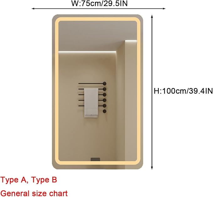 Bathroom Mirror with LED Lights，Bathroom Led Mirror ，LED Mirror for Bathroom，Backlit Bathroom Mirror ，with Touch Sensor/Demister pad，Shatterproof，Adjustable Lights(B,W75*H100cm/W29.5*W39.4IN)