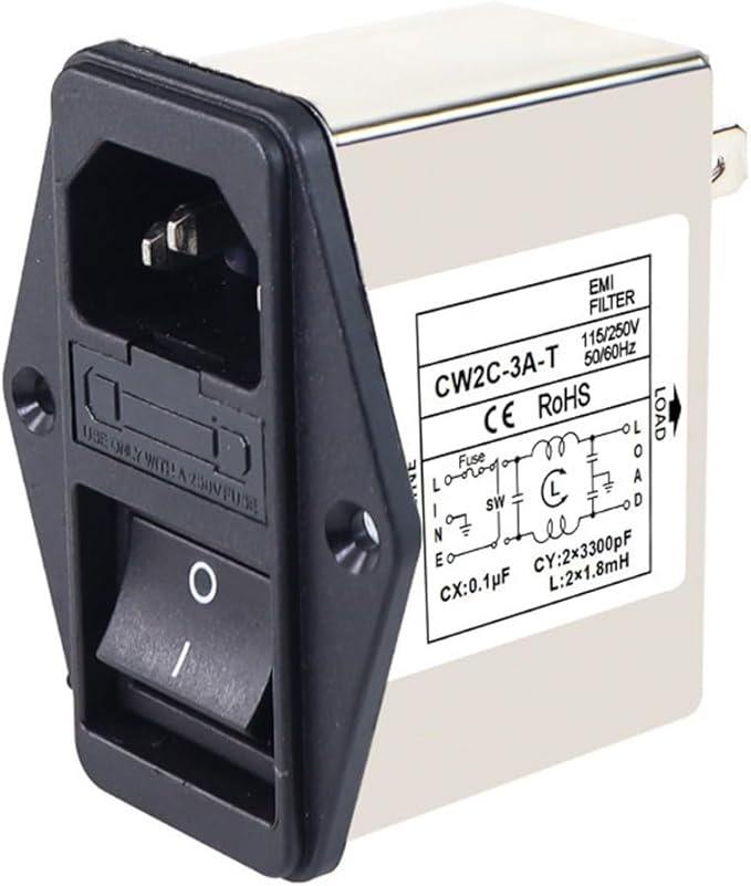 IEC Power Filter, Inlet Power Socket, IEC Socket Power Filter with Built-in Fuse and Rocker Switch, Noise Suppression, Compatible with CW2C-3A-T/CW2B-6A-T/CW2B-10A-T (CW2C-3A-T)