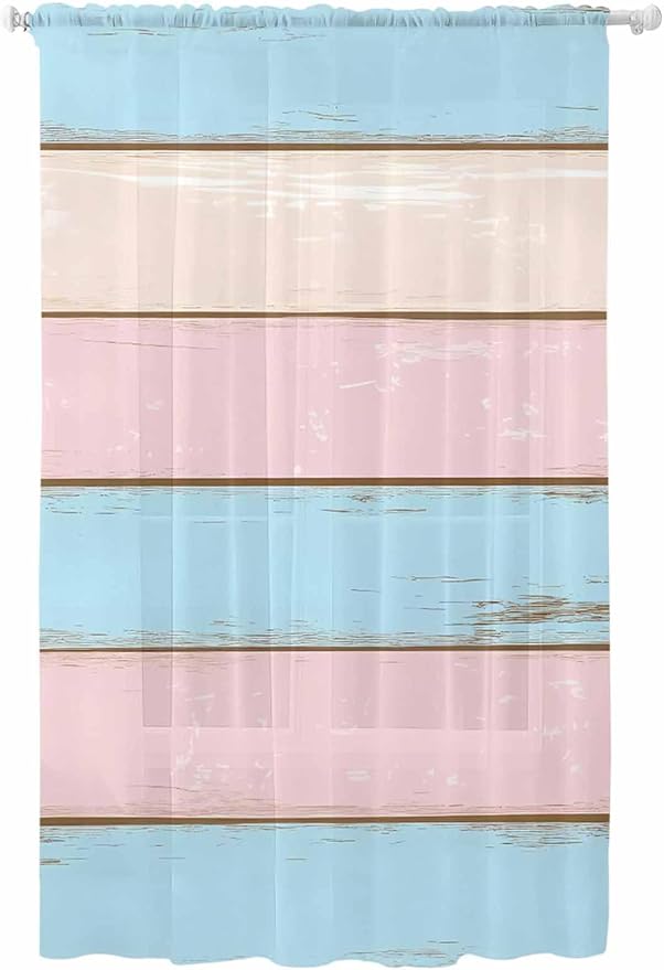 Sheer Curtains 84 Inches Long, Pink Blue Wood Grain Semi Sheer Curtains Light Filtering Window Treatment, Farmhouse Country Shabby Striped Privacy Voile Drapes for Living Room Bedroom 52x84 Inch