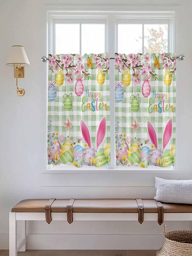 Happy Easter Tier Curtains 45 Inches Long, Spring Bunny Eggs Flower Sage Green Plaid Window Treatment Curtain Drapes, Small Curtain Drapes for Bathroom Laundry Room, 27.5"x45", 2 Panels