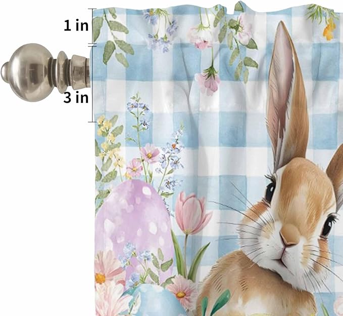 Kitchen Curtains Tiers and Valance Set of 3, Easter Light Filtering Window Curtain Set, Spring Rabbit Eggs Seasonal Flowers Blue Lattice Rod Pocket Curtain Drapes for Living Room, 24 Inches Tiers