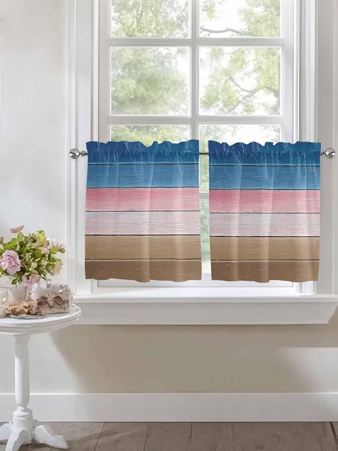 Blue Pink Brown Gradient Wood Grain Window Valance Curtains, Vintage Wood Board Light Filtering Kitchen Valance with 3-inch Rod Pocket for Living Room Bathroom Bedroom,2 Panel,27.5x24In
