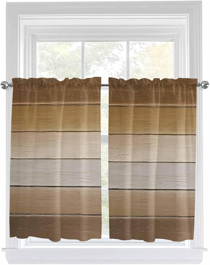 Vintage Brown Gradient Wood Grain Window Valance Curtains, Farmhouse Wood Barn Light Filtering Kitchen Valance with 3-inch Rod Pocket for Living Room Bathroom Bedroom,2 Panel,27.5x45In