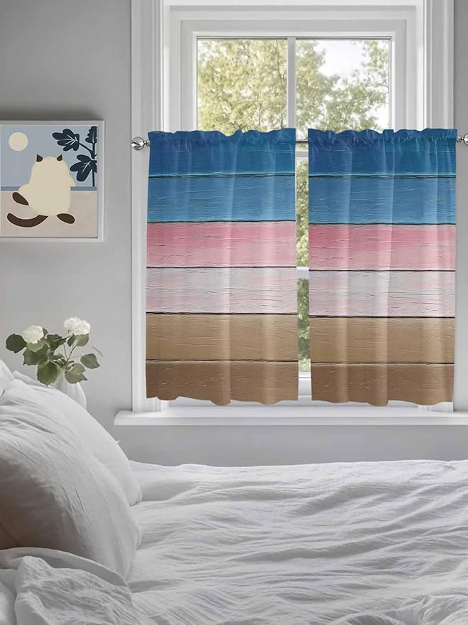 Blue Pink Brown Gradient Wood Grain Window Valance Curtains, Vintage Wood Board Light Filtering Kitchen Valance with 3-inch Rod Pocket for Living Room Bathroom Bedroom,2 Panel,42x54In