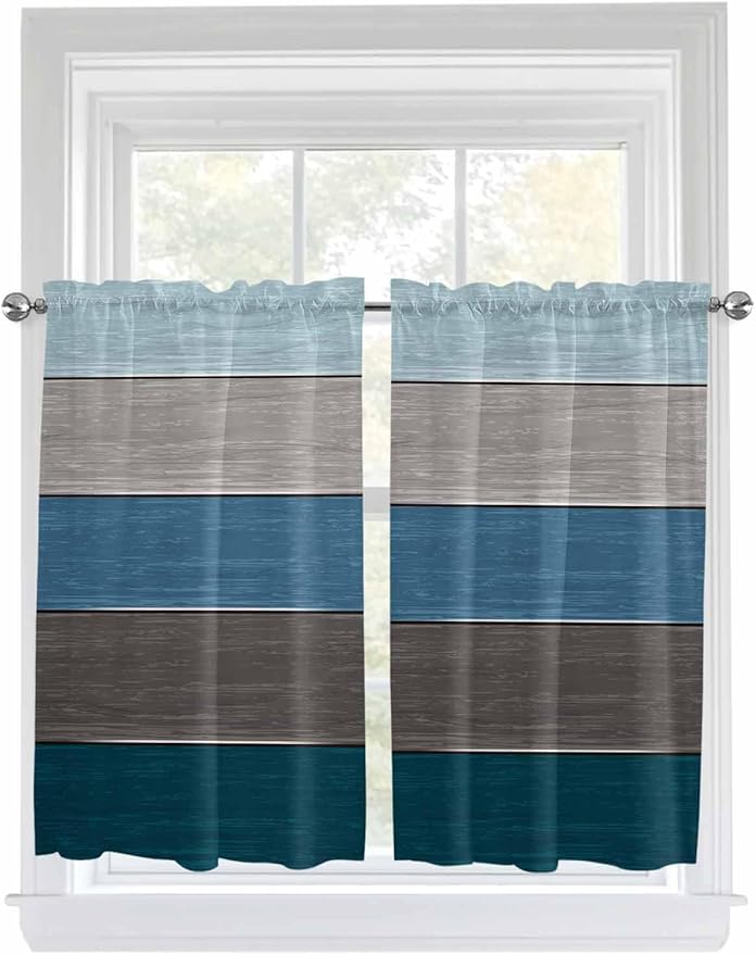 Retro Farm Blue Gray Wood Grain Window Valance Curtains, Rustic Wooden Plank Light Filtering Kitchen Valance with 3-inch Rod Pocket for Living Room Bathroom Bedroom,2 Panel,42x45In
