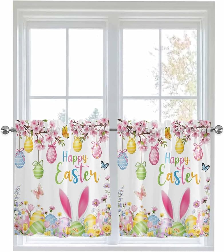 Happy Easter Half Window Curtain 36 Inches Long, Spring Watercolor Bunny Eggs Flower Branch Window Treatment Curtain Drapes, Small Tier Curtains for Bathroom Over Sink, 27.5"x36", 2 Panels