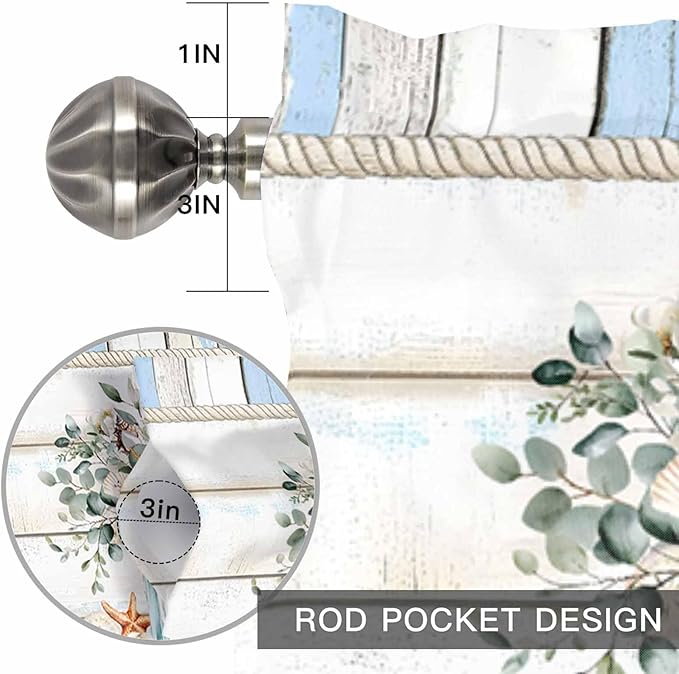 Kitchen Valances for Window, Ocean Starfish Conch Shell Eucalyptus Light Filtering Rod Pocket Valance Curtain, Colorful Wood Grain Short Curtains Window Topper for Bedroom Living Room 54x18in