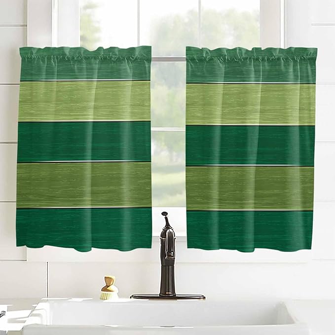 Farm Retro Green Wood Grain Window Valance Curtains, Rustic Wooden Plank Texture Light Filtering Kitchen Valance with 3-inch Rod Pocket for Living Room Bathroom Bedroom,2 Panel,42x54In