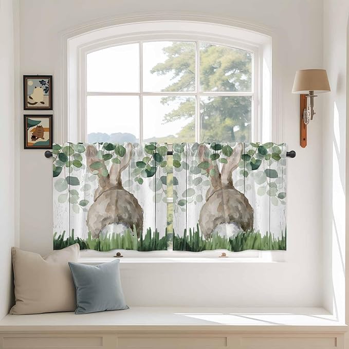 Easter Tier Curtains, Country Rabbit Botanical Leaves Wooden Grain Light Filtering Kitchen Curtains, 2Pcs Rod Pocket Half Window Treatments Panels for Sink Cafe Cabinet Camper 27.5x36 Inches