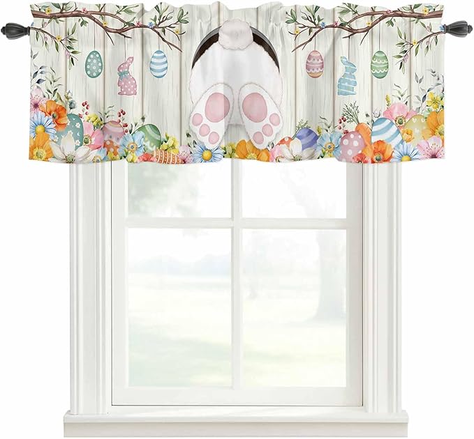 Easter Curtain Valances for Windows, Kitchen Valance Window Treatment, Spring Farmhouse Watercolor Bunny Eggs Wood Grain Light Filtering Block Curtains for Bathroom/Bedroom/Living Room 54'' x 18''