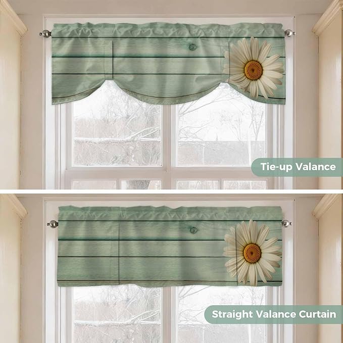 Daisy Flower Tie Up Valance Curtains for Windows, Kitchen Curtains Window Shades, Modern Art Floral Farmhouse Teal Wooden Grain Light Filtering Roman Curtain Valances for Bedroom/Bathroom/Cafe 42"x12"