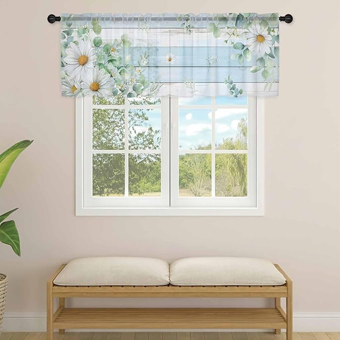 Daisy Eucalyptus Leaves Sheer Valance Curtains, Blue Wood Grain Spring Countryside Light Filtering Kitchen Valances Rod Pocket Voile Curtain Window Treatment for Bedroom/Living Room/Basement 42Wx12L