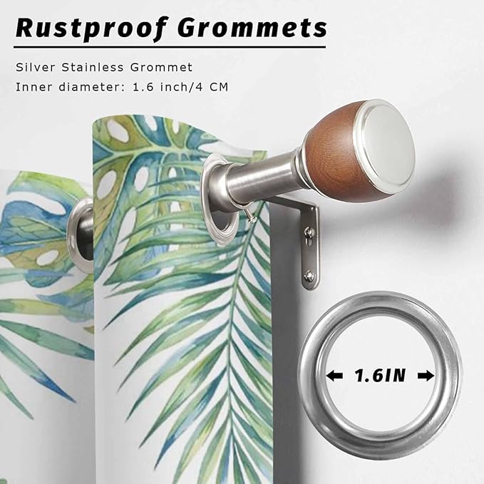 Leaves Outdoor Curtains for Patio Green Leaf Tropical Plants Farmhouse Pastoral Waterproof Outside Curtains with Grommet Top Weatherproof Curtain for Cabana Pergola Gazebo, 2 Pack, 54" W x 84" L