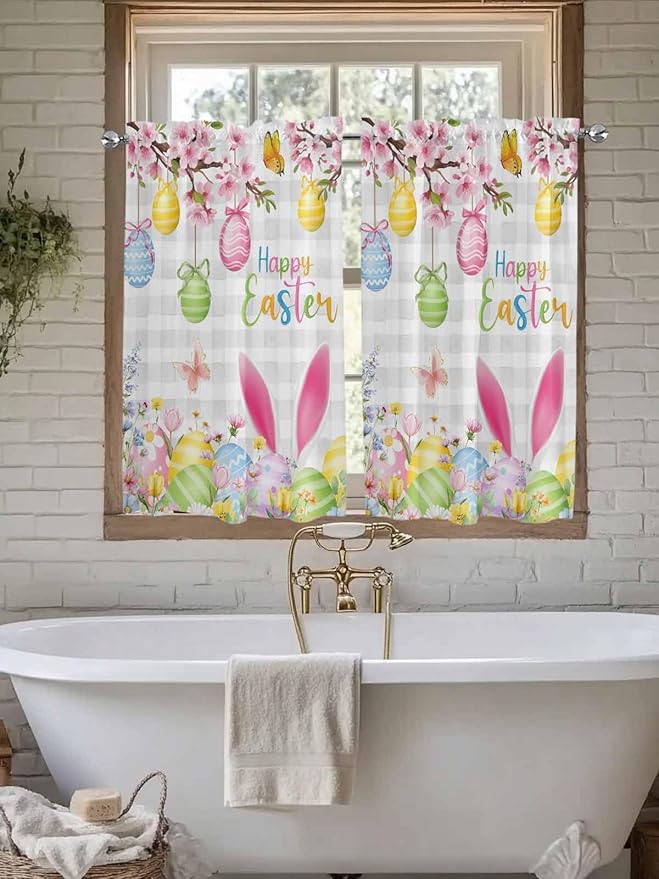 Happy Easter Kitchen Curtains 54 Inches length, Spring Watercolor Bunny Eggs Flower Grey Plaid Window Treatment Curtain Drapes, Decorative Window Curtains for Bedroom Cafe, 52"x54", 2 Panels
