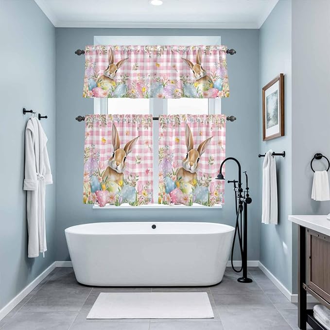 Kitchen Curtains Tiers and Valance Set of 3, Easter Light Filtering Window Curtain Set, Spring Rabbit Eggs Nature Botanicals Pink Plaid Rod Pocket Curtain Drapes for Cafe, Living Room, 36 Inches Tiers