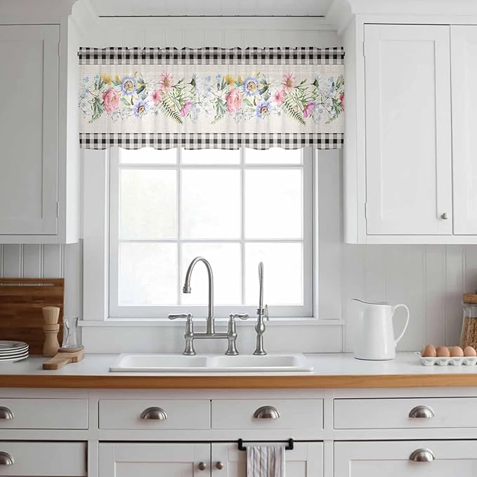 Blue Pink Floral Sheer Valance Curtains, Spring Summer Botanical Linen Black Plaid Light Filtering Kitchen Valances Rod Pocket Voile Curtain Window Treatment for Bedroom/Living Room/Basement 42Wx18L