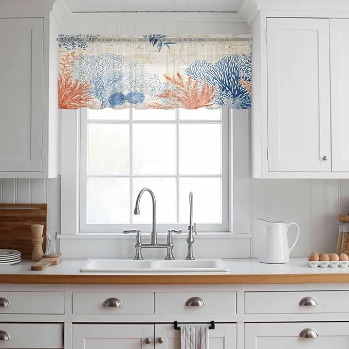 Ocean Corals Sheer Valance Curtains, Summer Beach Coral Sea Stars Retro Texture Light Filtering Kitchen Valances Rod Pocket Voile Curtain Window Treatment for Bedroom/Living Room/Basement 54Wx18L