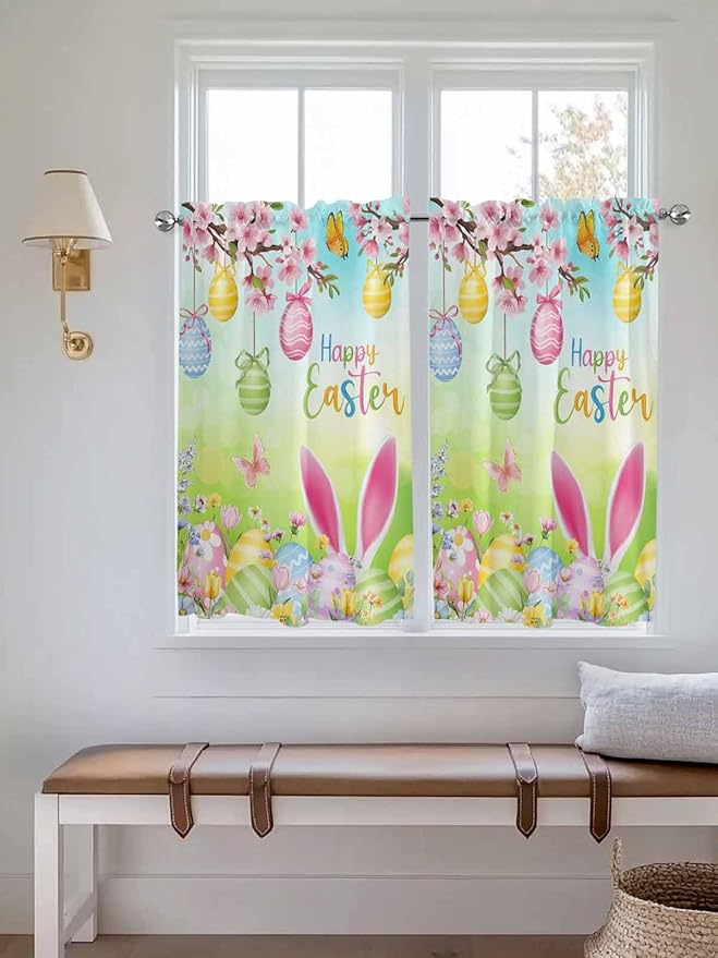 Easter Tier Curtains 45 Inches Long, Spring Bunny Colorful Rabbit Eggs Butterfly Blue Green Window Treatment Curtain Drapes, Window Half Privacy Curtains for Bedroom Bathroom, 42"x45", 2 Panels