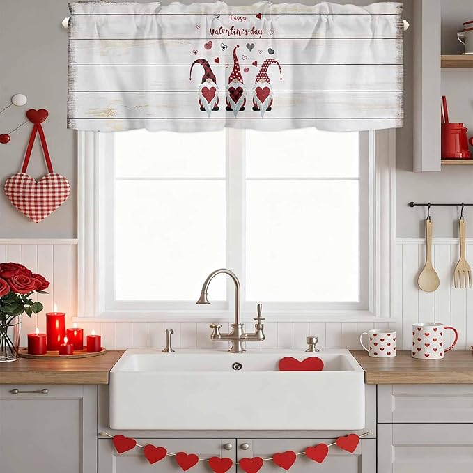 Happy Valentine's Valance Curtains for Kitchen, Day Gnomes Love Heart on Rustic Wood Grain Privacy Rod Pocket Valance Curtain, Light-Filtering Window Treatment for Bedroom Bathroom, 42"x18"