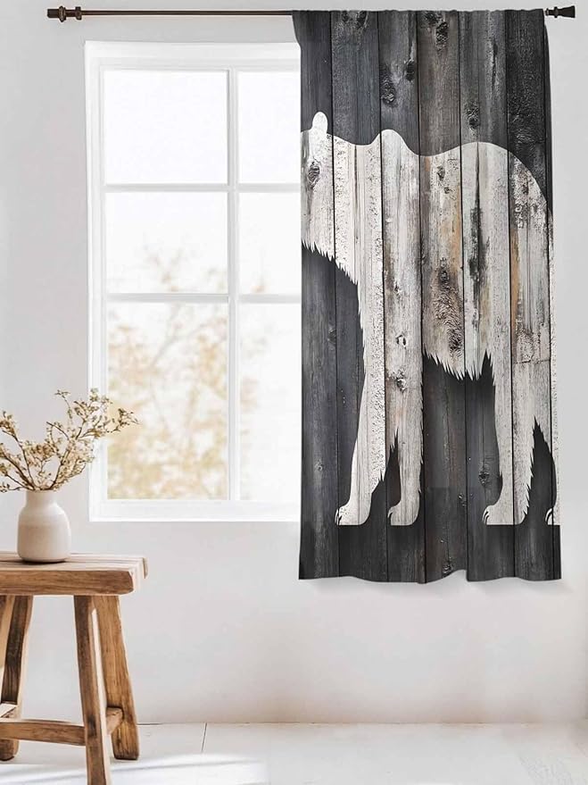 Sheer Curtains 63 Inch Length, White Brown Bear Semi Sheer Curtains Light Filtering Window Treatment, Farmhouse Country Vintage Wood Grain Privacy Voile Drapes for Living Room Bedroom 52x63 Inch