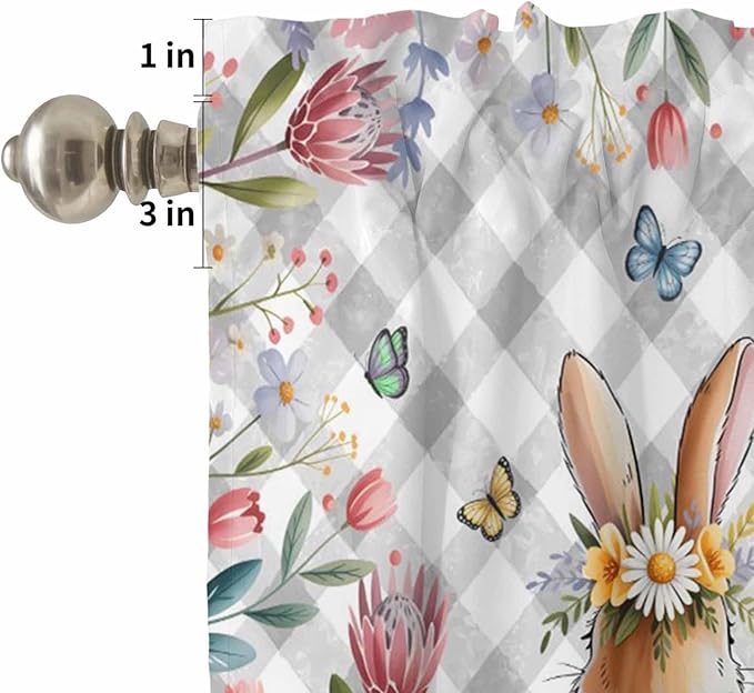 Kitchen Curtains Tiers and Valance Set of 3, Easter Light Filtering Window Curtain Set, Spring Rabbit Butterfly Botanical Florals Grey Plaid Rod Pocket Curtain Drapes for Living Room, 24 Inches Tiers