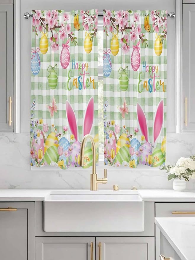 Happy Easter Living Room Curtains 72 Inches length, Spring Bunny Eggs Flower Sage Green Plaid Window Treatment Curtain Drapes, Light Filtering Drapes for Bedroom Laundry Room, 52"x72", 2 Panels