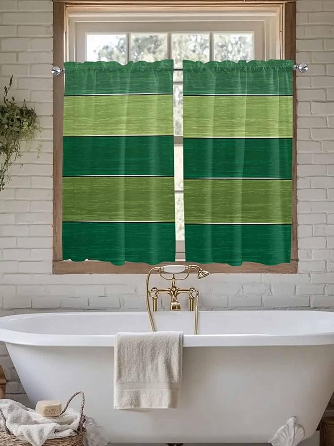 Farm Retro Green Wood Grain Window Valance Curtains, Rustic Wooden Plank Texture Light Filtering Kitchen Valance with 3-inch Rod Pocket for Living Room Bathroom Bedroom,2 Panel,42x54In