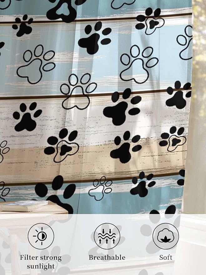 Sheer Curtains 72 Inches Long, Blue Beige Paw Print Semi Sheer Curtains Light Filtering Window Treatment, Vintage Farmhouse Country Wood Grain Privacy Voile Drapes for Living Room Bedroom 52x72 Inch