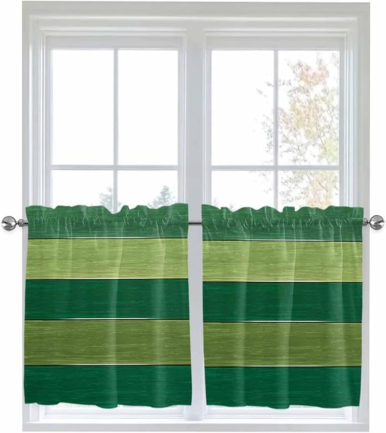 Farm Retro Green Wood Grain Window Valance Curtains, Rustic Wooden Plank Texture Light Filtering Kitchen Valance with 3-inch Rod Pocket for Living Room Bathroom Bedroom,2 Panel,27.5x24In