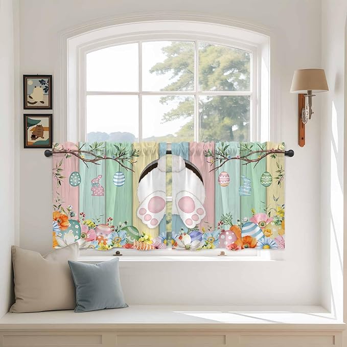 Easter Kitchen Tier Curtains 24 Inch Long 2 Panel Set,Rod Pocket Cafe Small Window Curtains Over Sink,Spring Colorful Bunny Eggs Flower Wood Grain Light Filtering Short Drapes 27.5"W x 24"L