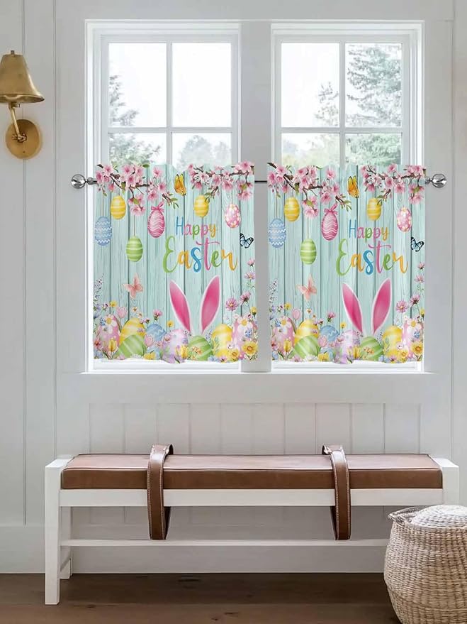 Happy Easter Half Window Curtain 36 Inches Long, Spring Bunny Eggs Flower Teal Wood Grain Window Treatment Curtain Drapes, Small Tier Curtains for Bathroom Over Sink, 27.5"x36", 2 Panels