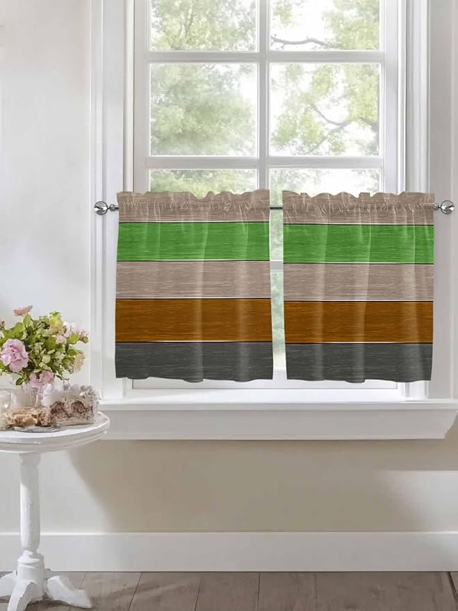 Farm Gray Green Brown Wood Grain Window Valance Curtains, Rustic Wooden Plank Light Filtering Kitchen Valance with 3-inch Rod Pocket for Living Room Bathroom Bedroom,2 Panel,27.5x36In