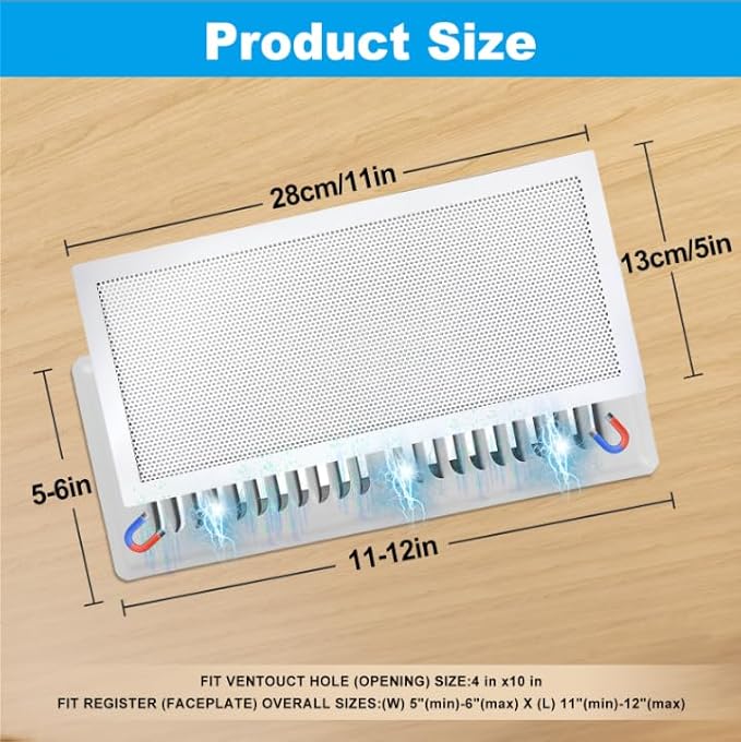 4-Pack 5"x11" White Powerful Magnetic Vent Covers - Super Strong Neodymium Magnets, No Slip & No Drill Needed - Secure Fit for Floor/Wall/Ceiling Registers - Durable Air Vent Screen (White, 5x11)