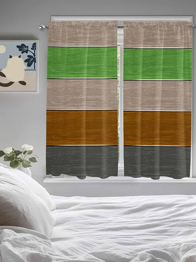 Farm Gray Green Brown Wood Grain Window Valance Curtains, Rustic Wooden Plank Light Filtering Kitchen Valance with 3-inch Rod Pocket for Living Room Bathroom Bedroom,2 Panel,42x63In