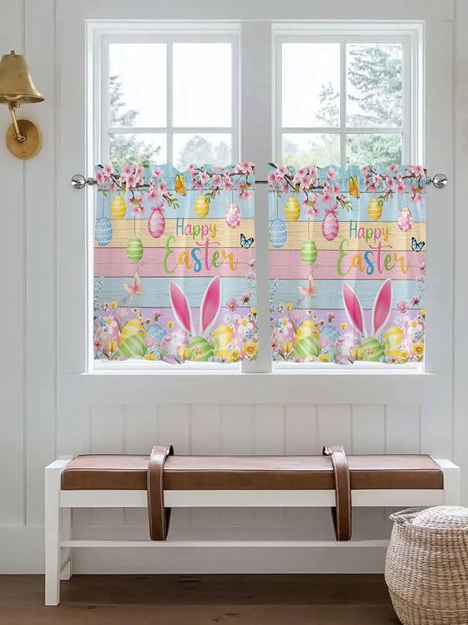 Colorful Easter Half Window Curtain 36 Inches Long, Spring Watercolor Bunny Egg Flower Wood Grain Window Treatment Curtain Drapes, Small Tier Curtains for Bathroom Over Sink, 27.5"x36", 2 Panels