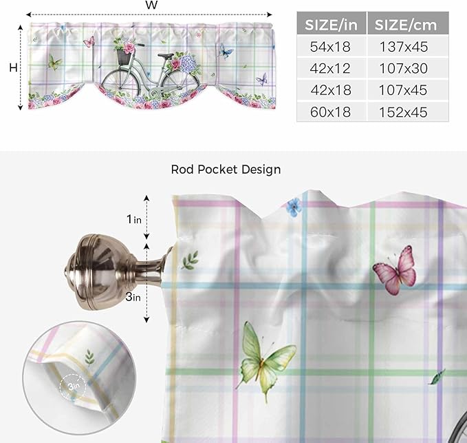 Spring Tie Up Valance Curtains for Windows, Kitchen Curtains Window Shades, Bicycles Botanical Leaves Rose Colorful Stripes Light Filtering Roman Curtain Valances for Bedroom/Bathroom/Cafe 60"x18"