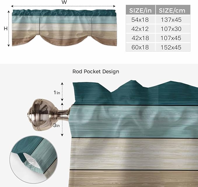 Teal Brown Tie Up Valance Curtains for Windows, Kitchen Curtains Window Shades, Farmhouse Vintage Abstract Wooden Grain Light Filtering Roman Curtain Valances for Bedroom/Bathroom/Cafe 42"x18"