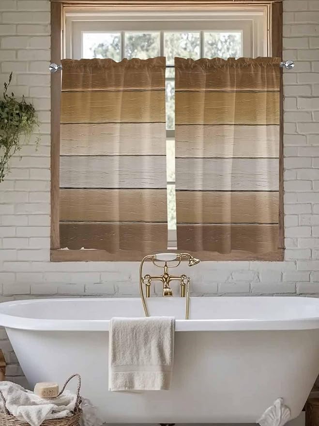 Vintage Brown Gradient Wood Grain Window Valance Curtains, Farmhouse Wood Barn Light Filtering Kitchen Valance with 3-inch Rod Pocket for Living Room Bathroom Bedroom,2 Panel,27.5x45In
