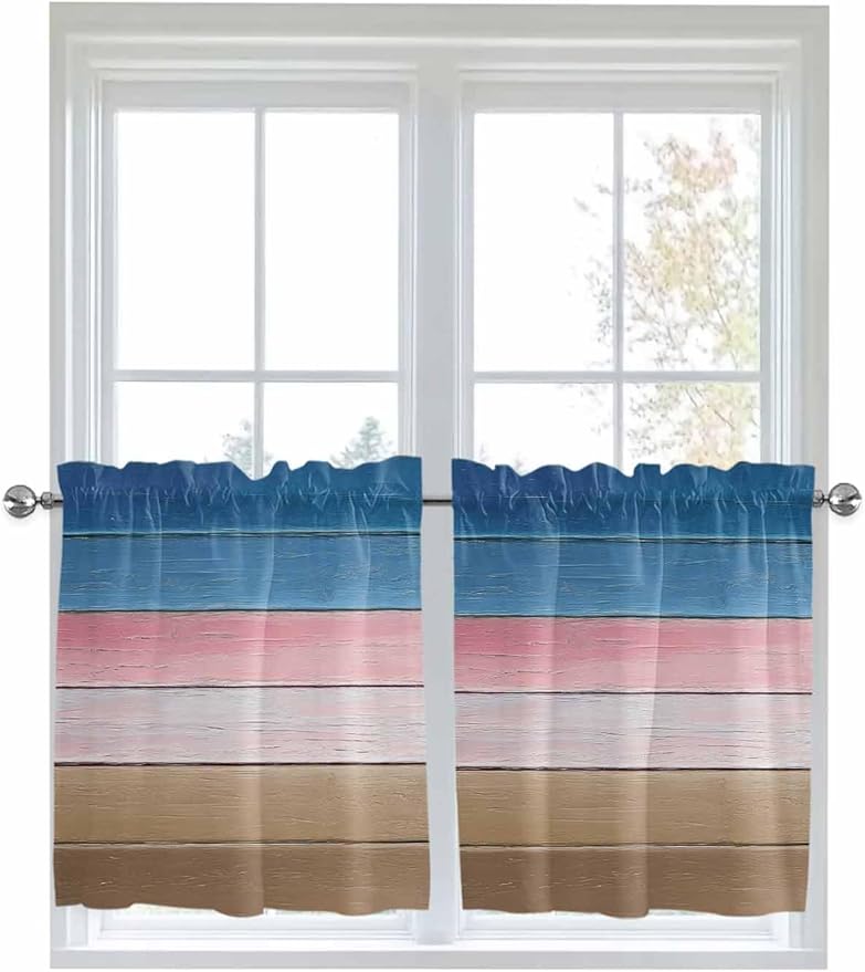 Blue Pink Brown Gradient Wood Grain Window Valance Curtains, Vintage Wood Board Light Filtering Kitchen Valance with 3-inch Rod Pocket for Living Room Bathroom Bedroom,2 Panel,27.5x36In