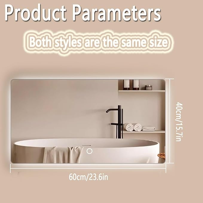Backlit LED Illuminated Bathroom Mirror with LED Lights, Lighted Bathroom Makeup Wall Mounted Mirror with Demister Pad, Sensor Touch Switch, Horizontal/Vertical(B,H40*W60CM/H15.7*W23.6IN)
