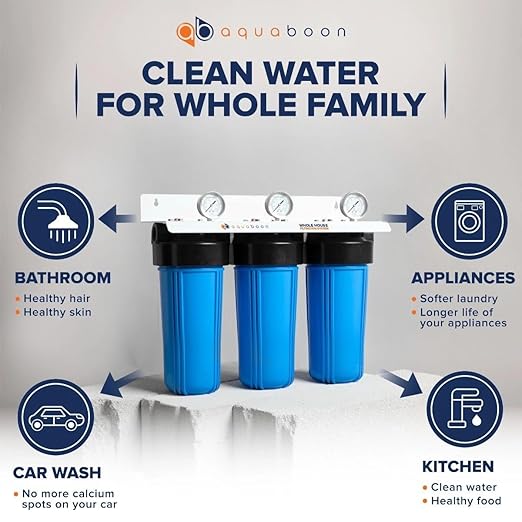 Aquaboon 3-Stage Whole House Water Filtration System with 5 Micron 10x4.5 Anti-Scale Reducing Sediment, KDF Heavy Metals and Carbon Chlorine Reduction Water Filter Purification, Wrench, Bracket