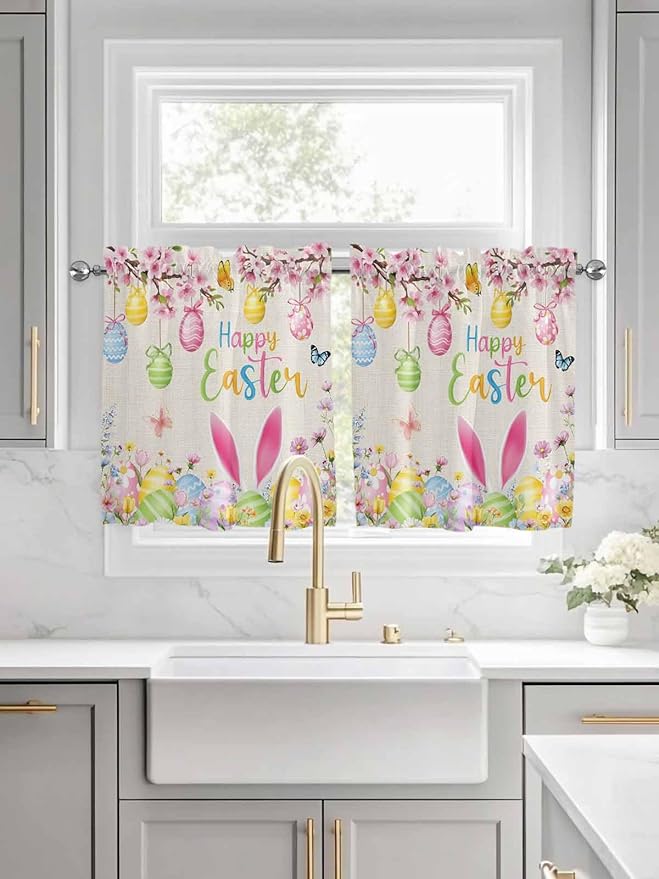Happy Easter Half Window Curtain 36 Inches Long, Spring Farmhouse Bunny Eggs Flower Beige Window Treatment Curtain Drapes, Small Tier Curtains for Bathroom Over Sink, 27.5"x36", 2 Panels