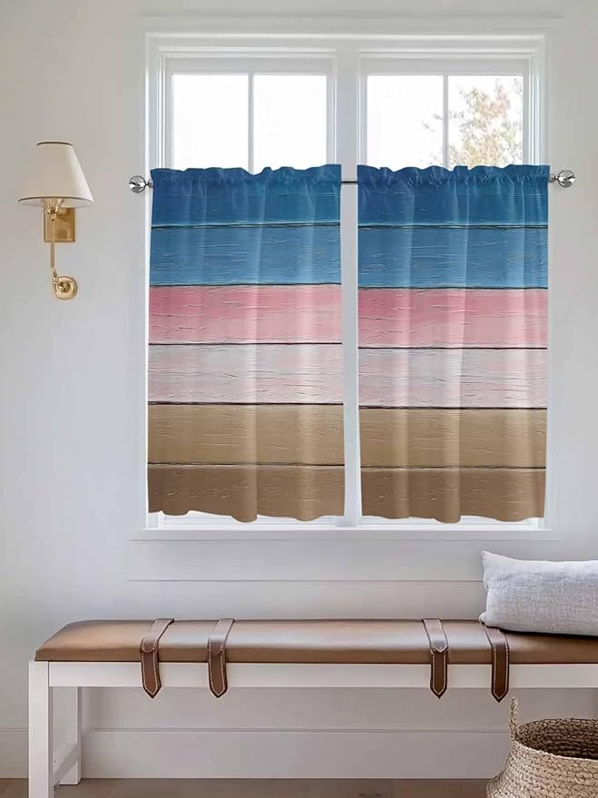 Blue Pink Brown Gradient Wood Grain Window Valance Curtains, Vintage Wood Board Light Filtering Kitchen Valance with 3-inch Rod Pocket for Living Room Bathroom Bedroom,2 Panel,42x45In