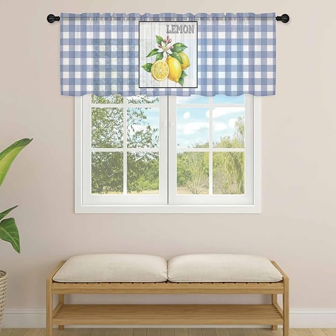 Lemon Sheer Valance Curtains, Summer Fruit Floral Wood Grain Blue Plaid Light Filtering Kitchen Valances Rod Pocket Voile Curtain Window Treatment for Bedroom/Living Room/Basement 60Wx18L